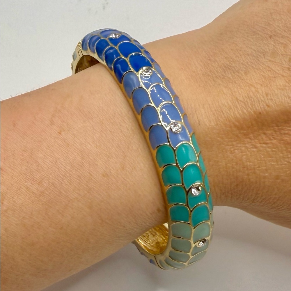 Blue Teal Gold Enamel Bangle Bracelet Hinged Cuff